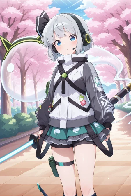 absurdres, highres, masterpiece, best quality, amazing quality, official anime artwork, screencap, anime screencap, outdoors, looking at viewer,
 <lora:Youmu-Konpaku_IllustriousV2:1> konpaku youmu, 1girl, solo, blue eyes, grey hair, short hair,, konpaku youmu \(lunar war gardener\), alternate costume, black headset, headphones, hair bow, black bow, two-tone coat, grey coat, black coat, long sleeves, green skirt, miniskirt, frilled skirt, black skirt, black shorts, sheath, pink flower, mechanical shoes, black shoes, energy sword, holding sword, ghost,