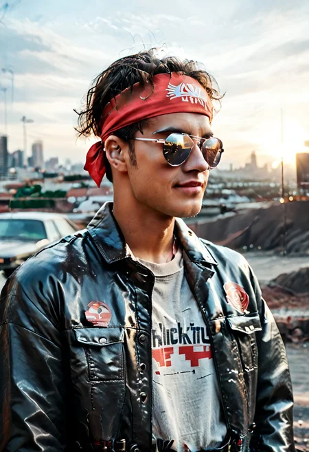 score_9, score_8_up, score_7_up, amazing quality, ((single character)), full profile photo, 80s cyberpunk, 80s movie with film grain, (waist up character focus:1.5), industrial cyberpunk city with neon advertisements, outdoors, dark sky,
BREAK, a Korean American man with smirk, (standing and cracking his knuckles:1.2), wearing a black leather jacket and a grey shirt with crimson kanji symbols, (wearing black aviators and a red headband (Bandana):1.3), wavy combed hair,