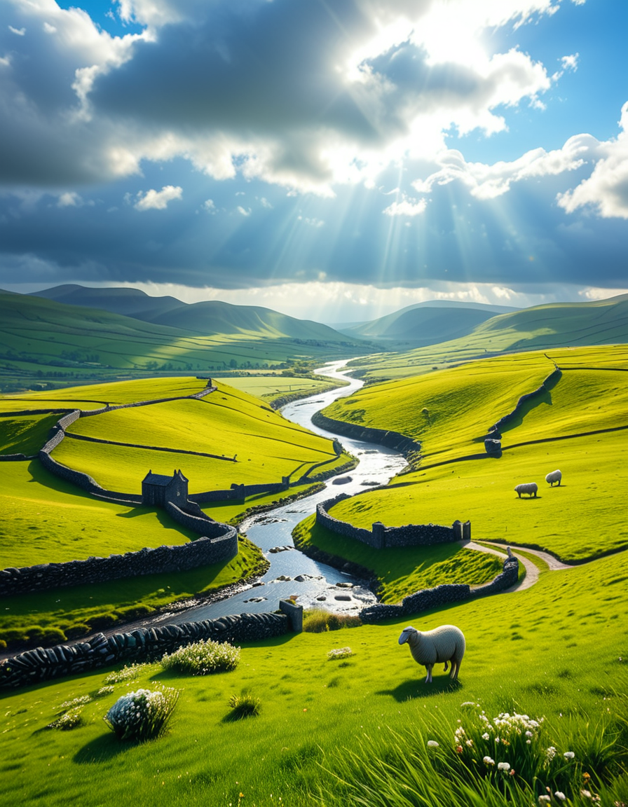 A breathtaking, high-resolution photograph of the rolling plains of Ireland, stretching endlessly under a vast, cloud-streaked sky. The landscape is a lush, vibrant green, with gentle hills covered in soft grass and dotted with scattered wildflowers. Ancient stone walls and winding dirt paths cut through the fields, marking old farmland boundaries. In the distance, a few solitary sheep graze peacefully, their white wool contrasting against the emerald grass. A small, clear river meanders through the valley, reflecting the soft light of the sky. The horizon is framed by low, misty mountains, adding depth and mystery to the scene. Above, the sky is a mix of bright blue and fluffy white clouds, casting dynamic shadows across the landscape as beams of sunlight break through. The atmosphere is serene, timeless, and rich with the natural beauty of the Irish countryside.
<lora:SDXLFaeTastic2400:0.4> <lora:extremely_detailed:0.4> extremely detailed, <lora:rolling_plains_of_1r3l4nd:1>,rolling plains of 1r3l4nd, Masterpiece,best quality,hi res,8k,hi res,8k,award winning,(sharp focus, intricate, highly detailed),