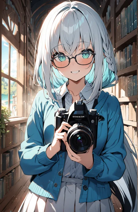 1girl, shirakami fubuki, hololive, school uniform, glasses, masterpiece, best quality, standing, hand holding a photographer camera, in library, fantasy world, (smiling:0.7), summer daytime, absurdres, intricate detail, (small cyan embers:0.4), (small feathers:0.3), rim lighting, face focus