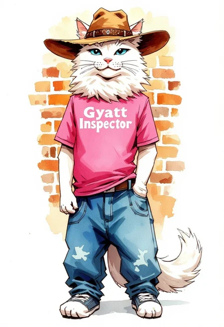 Watercolor painting of a long haired white cat with blue eyes wearing a pink tshirt that says "Gyatt Inspector"  Wearing a cowboy hat. baggy rippes jeans and converse shoes. Background of a simple brick wall. Self assured look on his face