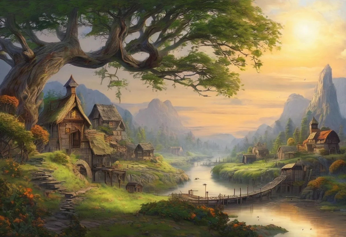 landscape, fantasy, village at the end of time