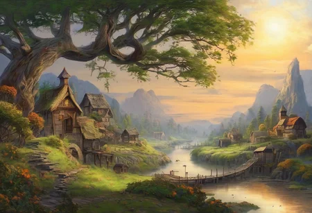 landscape, fantasy, village at the end  of time