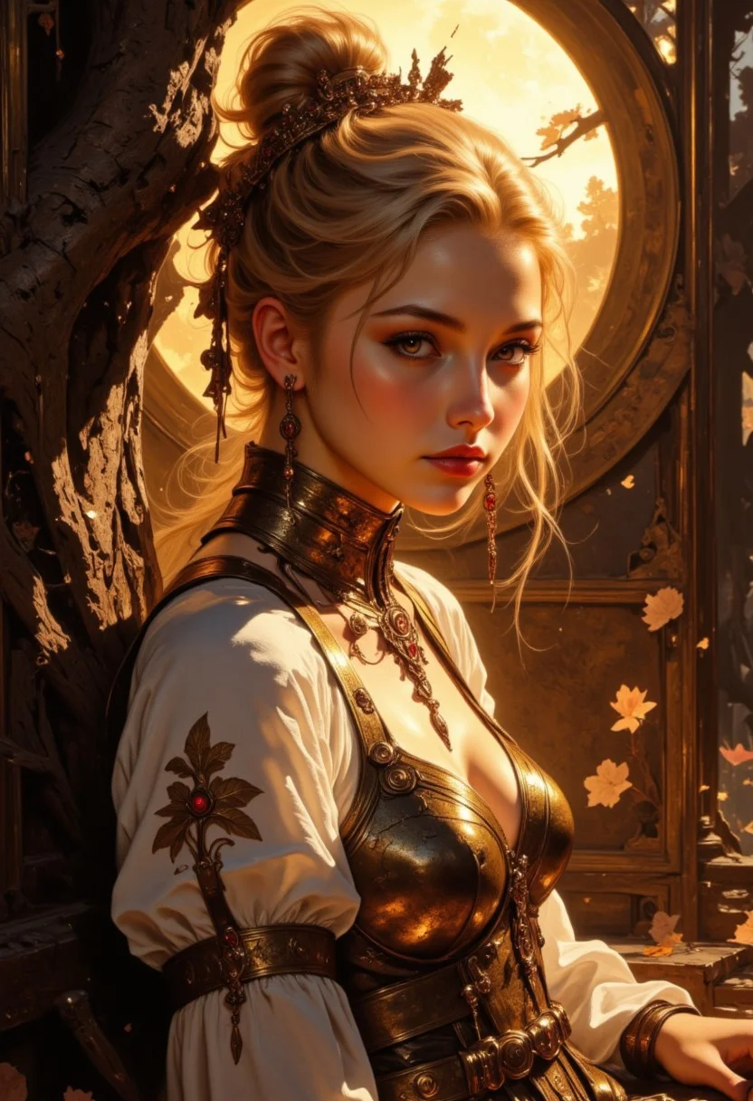(vintagegirls:1.2)  Soft, golden moonlight filters through the gnarled branches of a magnificent, ancient oak tree, illuminating a tender intimate moment of reflection, captured in a warm, Film Noir-inspired photograph, reminiscent of Orson Welles' cinematography. A petite, lithe Finnish woman with delicate features and golden blonde hair gathered loosely on top of her head, adorned with eclectic, vintage-inspired jewelry and a flowing bohemian outfit, complete with intricate lace, tassels, and delicate floral patterns that shimmer in the moon's gentle light, leans against the old oak, looking towards the camera with a slight, enigmatic smile.