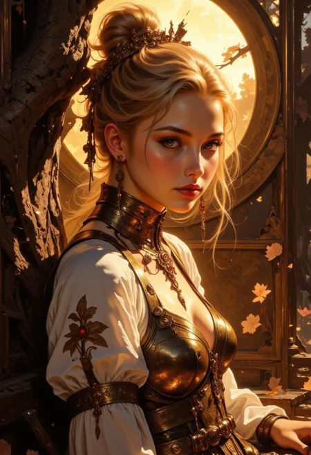 (vintagegirls:1.2) Soft, golden moonlight filters through the gnarled branches of a magnificent, ancient oak tree, illuminating a tender intimate moment of reflection, captured in a warm, Film Noir-inspired photograph, reminiscent of Orson Welles' cinematography. A petite, lithe Finnish woman with delicate features and golden blonde hair gathered loosely on top of her head, adorned with eclectic, vintage-inspired jewelry and a flowing bohemian outfit, complete with intricate lace, tassels, and delicate floral patterns that shimmer in the moon's gentle light, leans against the old oak, looking towards the camera with a slight, enigmatic smile.