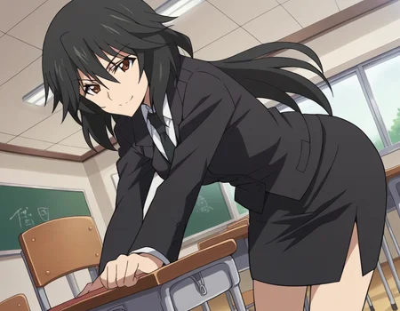 score_9, score_8_up, score_7_up, source_anime,
chifuyuorimura, <lora:chifuyu-orimura-s2-ponyxl-lora-nochekaiser:1>,
chifuyu orimura, long hair, bangs, black hair, hair between eyes, brown eyes,
skirt, shirt, long sleeves, jacket, white shirt, necktie, black skirt, black jacket, formal, suit, black necktie, pencil skirt, skirt suit,
indoors, classroom, bent over, smile,
looking at viewer, cowboy shot, solo, dutch angle,