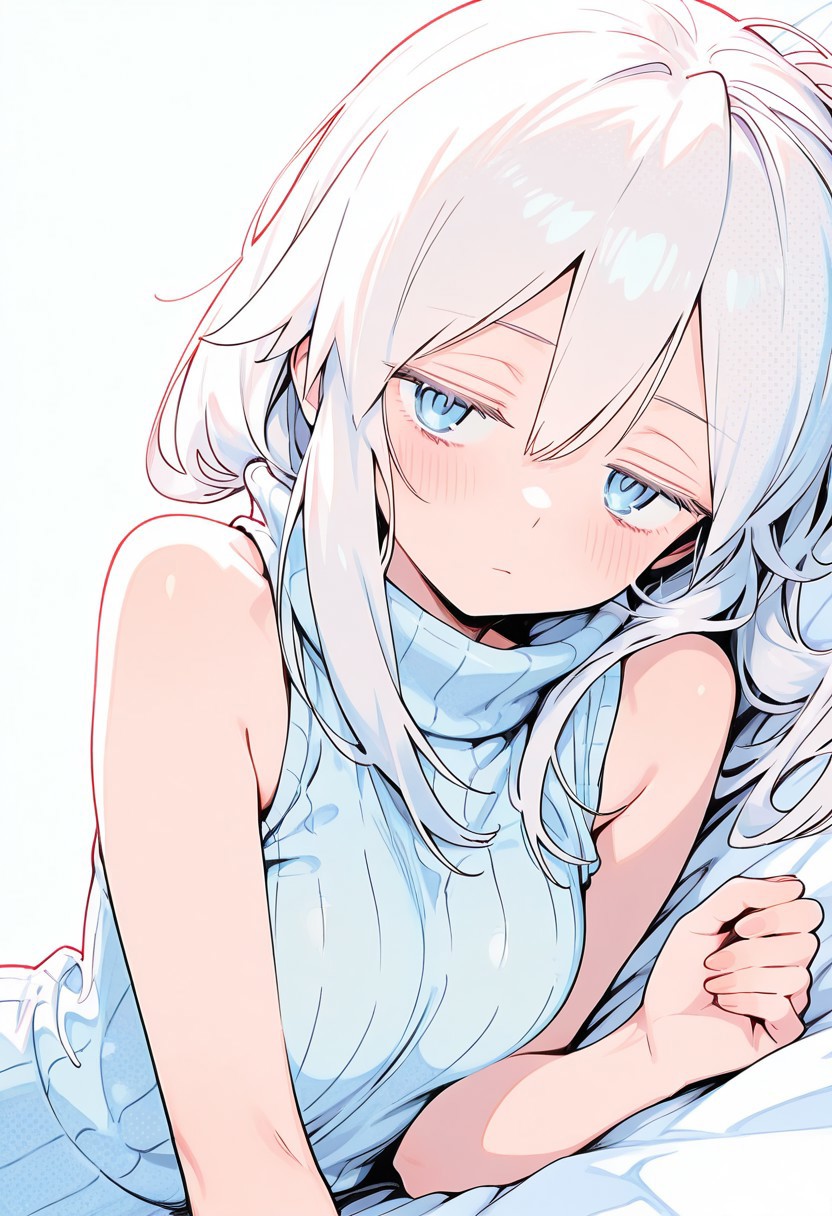 masterpiece,amazing quality,absurd,newest,huge size, ,(High Resolution), (More Details), (8K), (High Resolution), best quality,very aesthetic,(masterpiece), cinematic, beautiful light, best quality, newest, absurdres , BREAK 1girl, White hair, blush, breasts, hair between eyes, medium breasts,nsfw, sleeveless,solo, ( deux murasame),tilt head , p(bra:0.9),Blushing, angry, embarrassed,long hair,on side,long hair, white ribbed sweater, sleeveless, jitome, 
manimani,  absurdres, 8k, ultra sharp, ultra detailed, high contrast, good contrast, depth of field,
manimani, screentones, colorful,manimani,simple background, screentones, colorful,