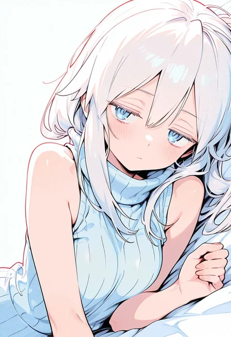 masterpiece,amazing quality,absurd,newest,huge size, ,(High Resolution), (More Details), (8K), (High Resolution), best quality,very aesthetic,(masterpiece), cinematic, beautiful light, best quality, newest, absurdres , BREAK 1girl, White hair, blush, breasts, hair between eyes, medium breasts,nsfw, sleeveless,solo, ( deux murasame),tilt head , p(bra:0.9),Blushing, angry, embarrassed,long hair,on side,long hair, white ribbed sweater, sleeveless, jitome,
manimani, absurdres, 8k, ultra sharp, ultra detailed, high contrast, good contrast, depth of field,
manimani, screentones, colorful,manimani,simple background, screentones, colorful,