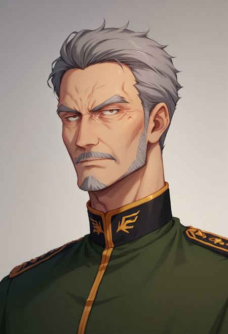 score_9, score_8_up, score_8, perfecteyes, solo, 1 man, old, gray hair, thick gray beard, wrinkles, zeon officer, uniform, cape