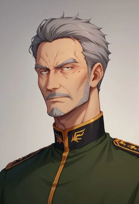 score_9, score_8_up, score_8, perfecteyes, solo, 1 man, old, gray hair, thick gray beard, wrinkles, zeon officer, uniform, cape