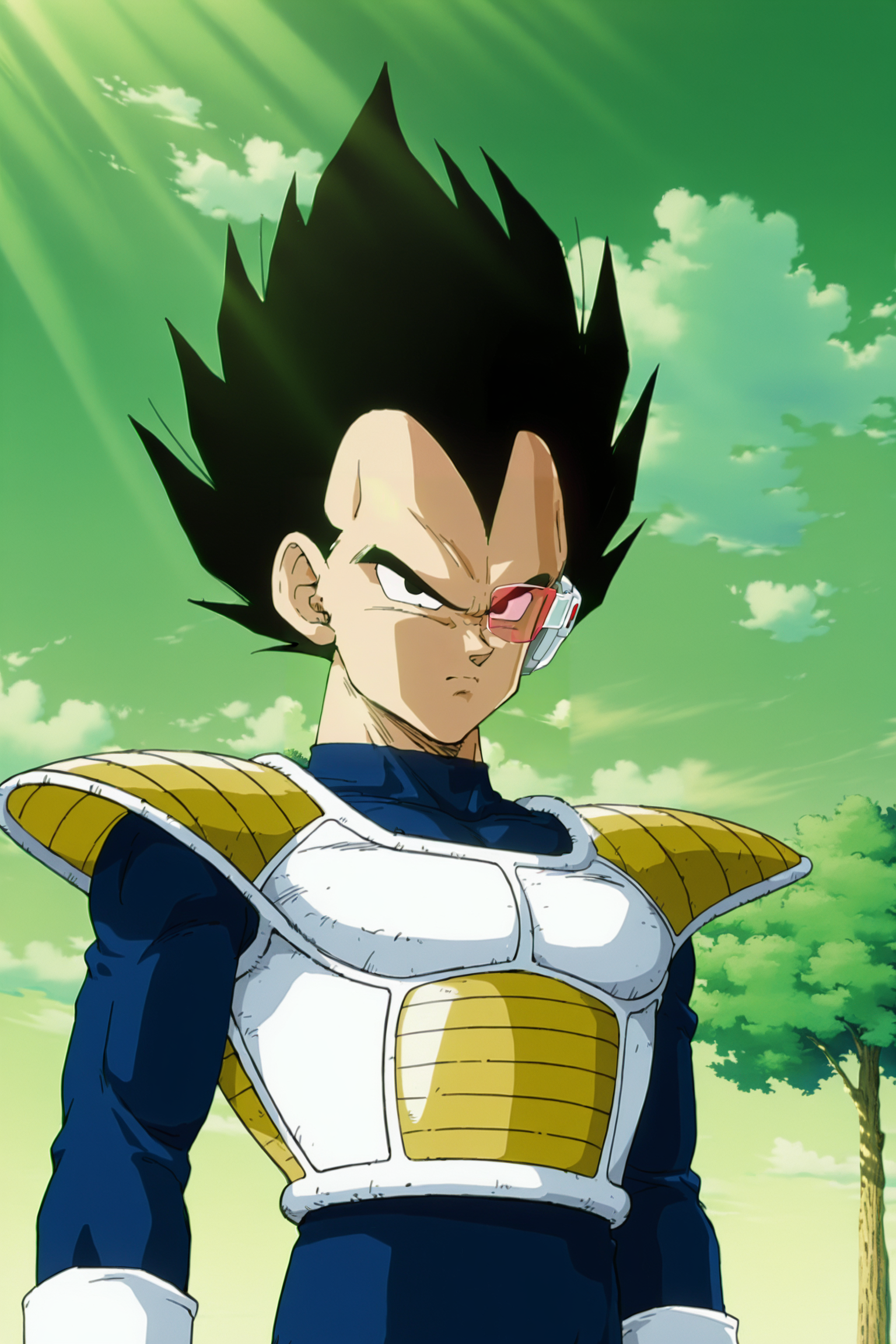anime screencap, masterpiece, best quality, amazing quality, very aesthetic, absurdres,  newest, (scenery, volumetric lighting), dappled moonlight, light sunlight, light rays,
 vegeta, namek saga, planet namek, official style, solo, black hair, spiked hair, 1boy, male focus, black eyes, scouter, red eyewear, saiyan armor, white trim, shoulder armor, blue bodysuit, white gloves, upper body, serious, frown, green sky, standing, arm at side, hand on scouter, tree, cloud, looking at another
<lora:Vegeta_IL_V2:0.8>