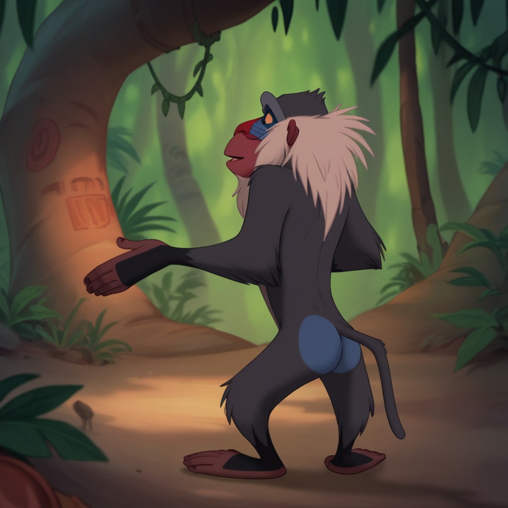 score_9, score_8_up, score_7_up, score_6_up, score_5_up, score_4_up, source_furry, rafikiLK, semi-anthro, male, primate, monkey, grey fur, white hair, black eyes, yellow sclera, standing, jungle, from behind