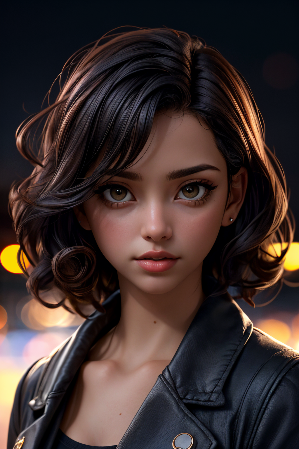 <lora:Sexy-Brazilian:1>  black curly hair, hazel eyes, full lips, solo, looking at viewer, city background, blurred background, bokeh, deep of field, kkw-ph1, <lora:LORA-XenoDetailer-v2:1>