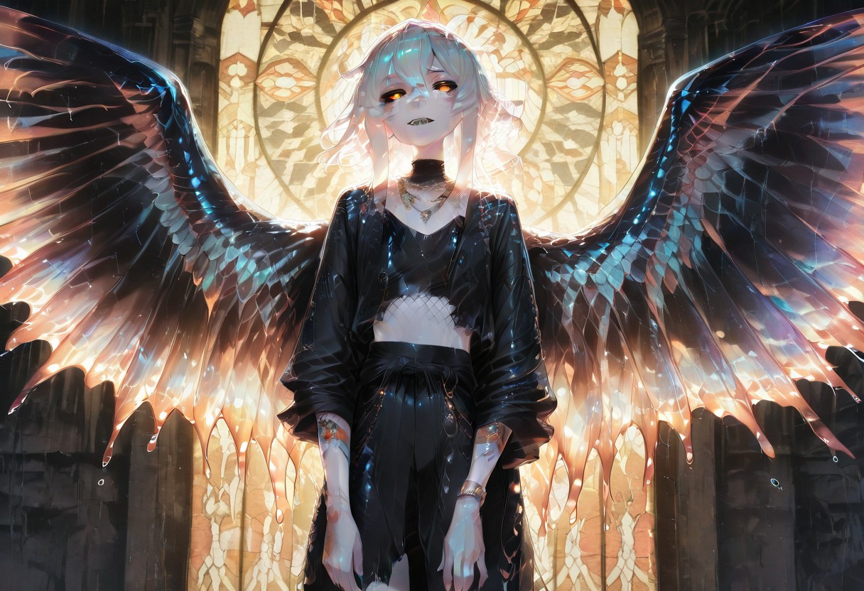 masterpiece, best quality, amazing quality, very aesthetic, absurdres, 1femboy, solo,
fish boy with fins, white skin, short messy hair,glass hair, white hair, iridescent highlights, black sclera, amber eyes, iridescent eye shadow, sharp teeth, flat chest, black coat, orange tattoos, freckles, fish scales, fish scale coat, rolled up sleeves, black high neck croptop, necklaces,  bracelets , white pupils, slime hair, slime skin, white pupils, fishnets, stained glass wings, slime wings