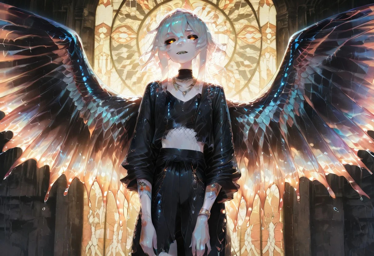 masterpiece, best quality, amazing quality, very aesthetic, absurdres, 1femboy, solo,
fish boy with fins, white skin, short messy hair,glass hair, white hair, iridescent highlights, black sclera, amber eyes, iridescent eye shadow, sharp teeth, flat chest, black coat, orange tattoos, freckles, fish scales, fish scale coat, rolled up sleeves, black high neck croptop, necklaces, bracelets , white pupils, slime hair, slime skin, white pupils, fishnets, stained glass wings, slime wings