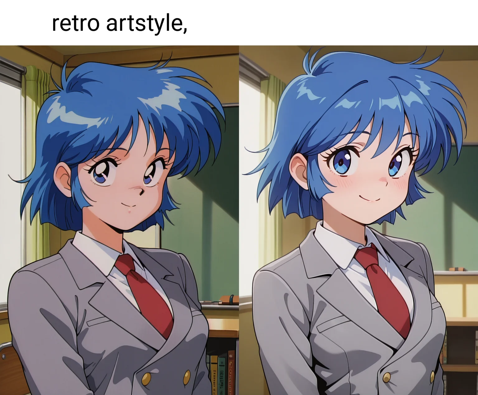 masterpiece, best quality, amazing quality, absurdres, 1girl, solo, (portrait:1.2), retro artstyle, hiroeww, blue eyes, blue hair, short hair, small breasts, school uniform, red necktie, blazer, grey jacket, white collared shirt, looking at viewer, smile, indoors, day, skindentation, detailed clothing folds, depth of field, sharp, high contrast, dynamic light <lora:Hiroe_Ogawa_Nageki_no_Kenkou_Yuuryouji_ill_v21:0.9>
