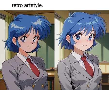 masterpiece, best quality, amazing quality, absurdres, 1girl, solo, (portrait:1.2), retro artstyle, hiroeww, blue eyes, blue hair, short hair, small breasts, school uniform, red necktie, blazer, grey jacket, white collared shirt, looking at viewer, smile, indoors, day, skindentation, detailed clothing folds, depth of field, sharp, high contrast, dynamic light <lora:Hiroe_Ogawa_Nageki_no_Kenkou_Yuuryouji_ill_v21:0.9>