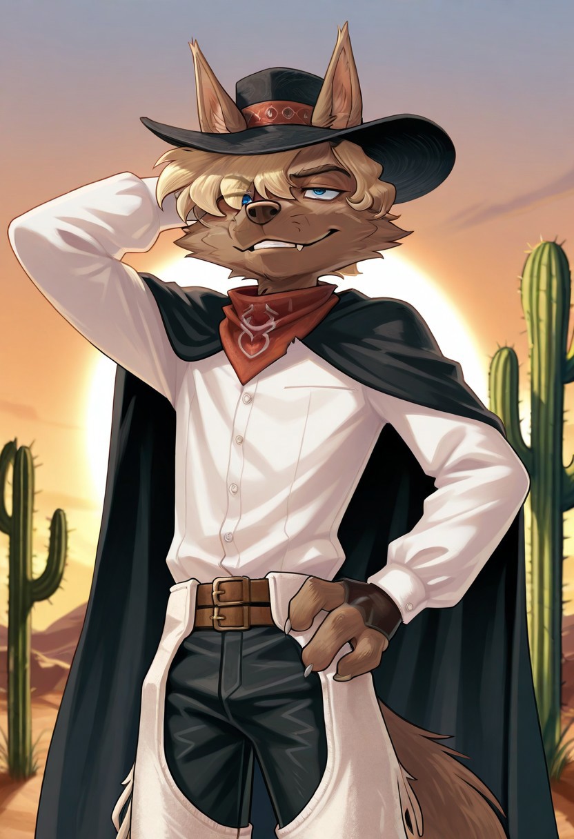detailed background, detailed fur, cowboy shot, solo, 1boy, mid adult,  ProfessorGaon, wolf, blue eyes, smirk, head movement, western scenery, western background, outdoors, cactus, hand behind head, hand on hip, sunset, detailed scenery, black cape, white dress shirt, black hat, white chaps, black pants, red bandana, masterpiece, best quality, amazing quality, absurdres, newest, high res, ultra detailed, best quality, best artwork, detailed eyes, (eyes focus), perfect eyes, big iris, pupils visible, 4k, ultra quality, perfect face