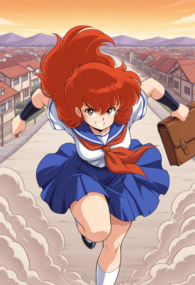 highres, best quality, masterpiece,retro artstyle, 1980's style, 1girl, solo, a-ko, eiko magami (project a-ko), red hair, long hair, brown eyes, school uniform, black bracers, large breasts, outdoors, town, running, dynamic pose, grin, holding bag, dust cloud,