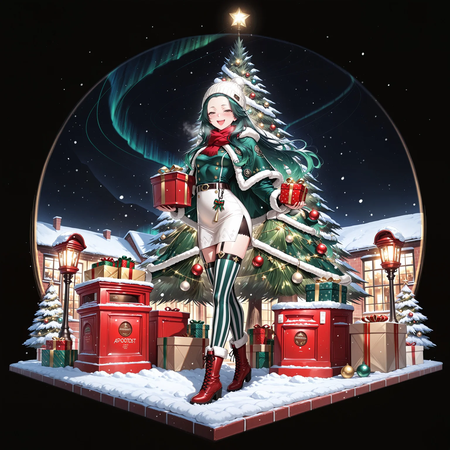 1rregular_b0, hyperdetailed_bg, (realistic_bg:1.3), (full_bg:1.4), (outdoors, streetcorner, snow_theme:1.2, snow, red postbox, lamp, gift, present, box stack, christmas tree, chritstmas ornaments, hangingribbons, christmas_theme:1.2, black background:0.5, aurora borealis:1.1), (detailed background), 

(1girl, solo, standing, dropping box, look at viewer, holding gift stack, :D, squinting eyes), (white beanie, red scarf, green capelet, white fur-trimmed coat, (vintage:1.2), long white skirt, thigh slit, green striped stockings, red boots), ((great anatomy, correct anatomy, midoriL, wide forehead, green hair, long hair, brown eyes, small breasts)),

full body, eye level, front view, side view,

((masterpiece, absurdres, newest, best quality, visual impact, very aesthetic, perfect quality, absolutely eye-catching)), 4K, detailed facial features, detailed clothing features, detailed texture, 