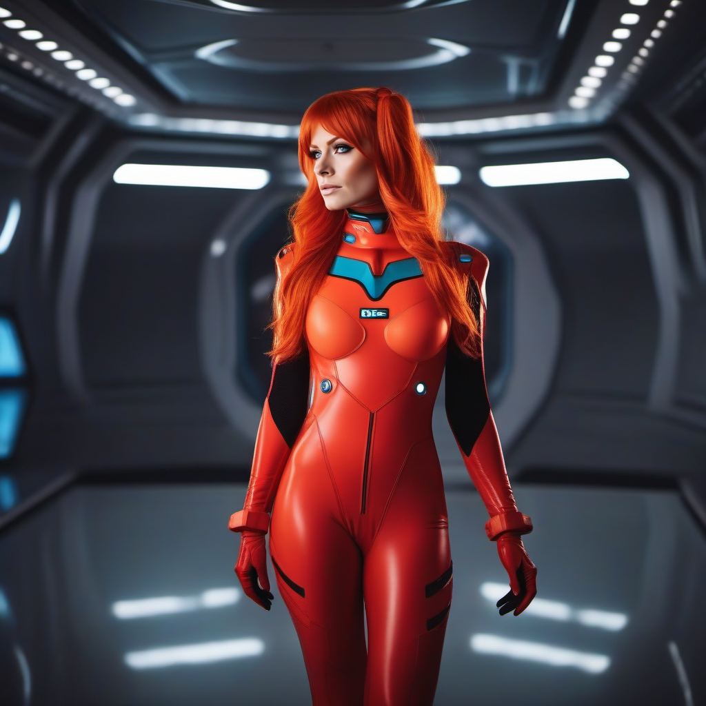 cinematic photo a full body woman, red plugsuit, blue eyes, orange hair, in a spaceship  <lora:Asuka1024:0.8> . 35mm photograph, film, bokeh, professional, 4k, highly detailed