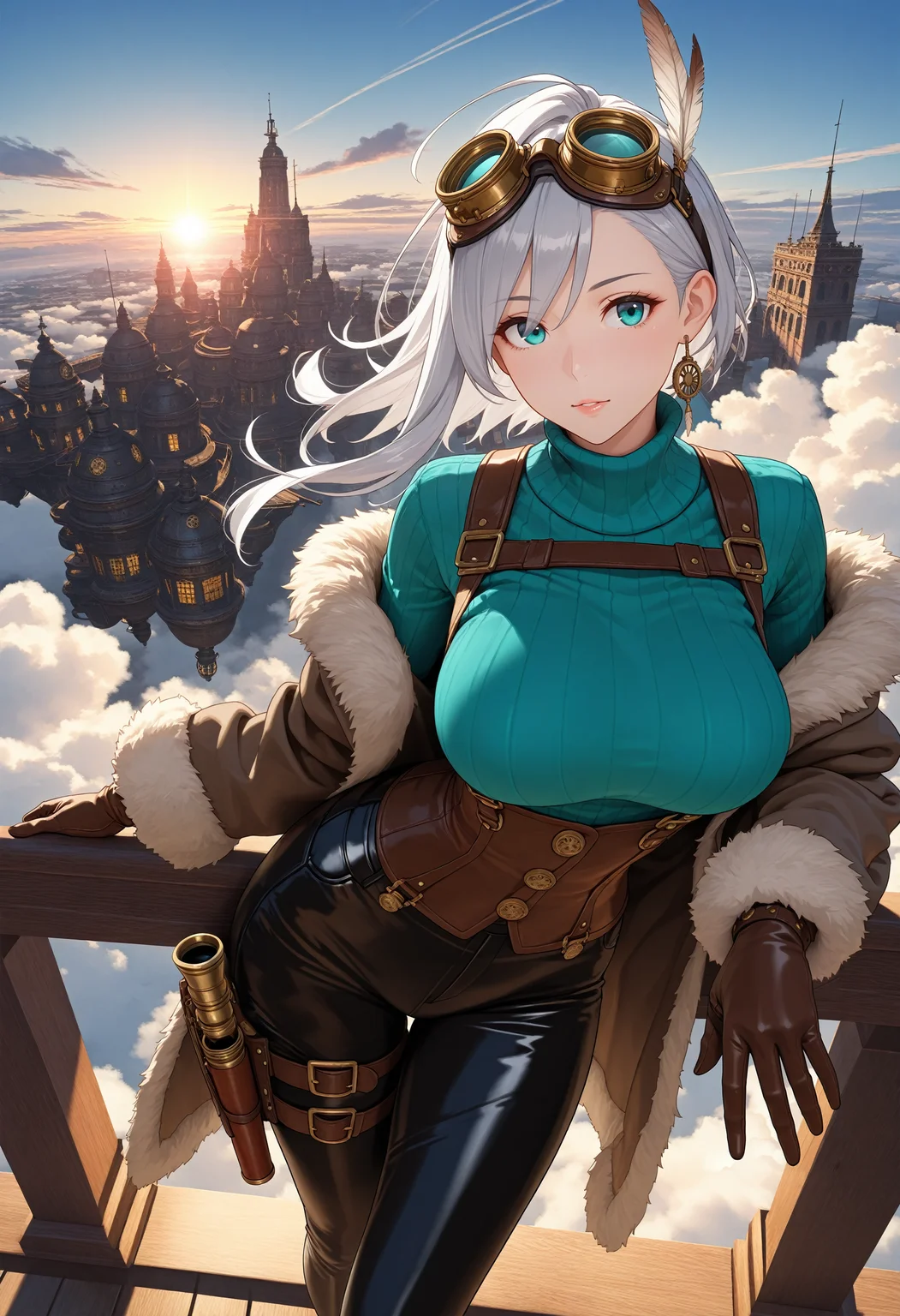 (masterpiece), best quality, 3d rendering, realistic,
one-point perspective, feet out of frame, cinematic framing,
1girl, solo, (mature:1.1), handsome, tomboy, athletic,
smooth skin, perfect perky large breasts, asymmetrical hair, wind, silver hair, aqua eyes, perfect round pupils, eye reflections BREAK
brass goggles on head,  ribbed, (fur-trimmed felt overcoat, aqua turtleneck, black leather pants, uniform, suspenders:1.05), relaxed posture, contrapposto,  against railing, sideways glance, looking at viewer, glistening lips, long thin fingers, large brown leather gloves, single feather earring, thigh holster with spyglass inside, brass buttons BREAK
volumetric lighting, steampunk, (middle eastern architecture:1.1), on the deck of an airship, floating city, wooden flight deck, above clouds, sunrise,