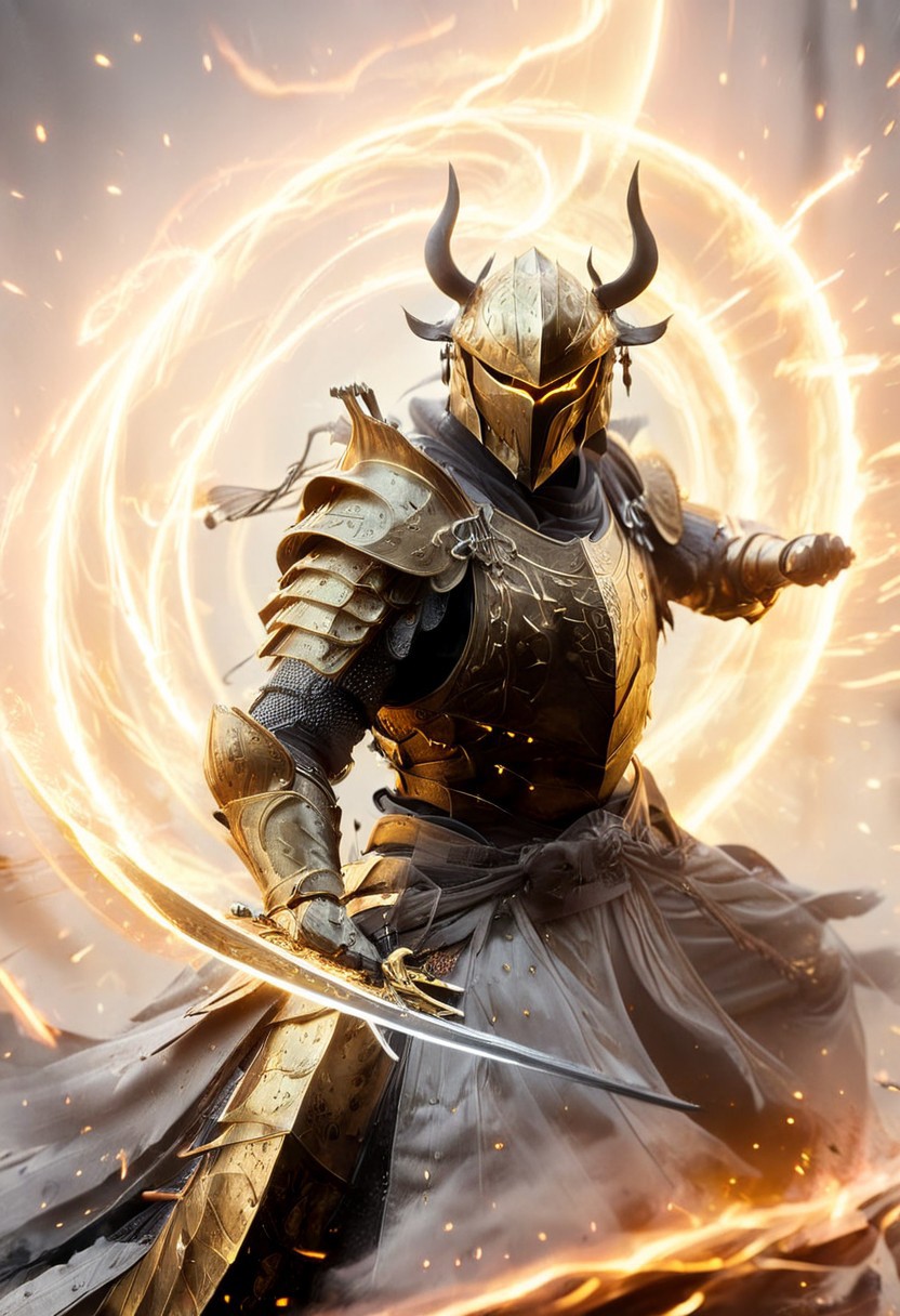 1man, armored samurai in golden samurai armor, wearing samurai helmet and armor,  golden fire, wielding dual swords:1.2, brave perspective, reflection, glowing golden fire, golden lightning shatter, , glowing sword, motion blur, emphasis line, outdoor in the darkness, looking at viewer, katanas