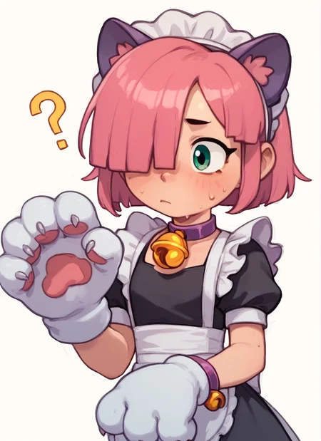 score_9, score_8_up, score_7_up , <lora:pawlette:1> 1girl, human , pawlette ,animal ears, pink hair, hair over one eye, maid headdress, bracelet ,necklace, neck bell, maid, short dress, White Stockings , paw gloves,solo , <lora:PossumMachine:1>posmach , confused, ??? ,sweat, simple background,