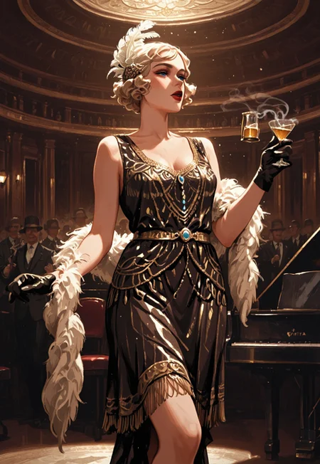 1girl, solo, singer, curly platinum blonde hair, blue eyes, red lips, hourglass figure, 
BREAK
1920s, flapper, fringed edges, feathered boa, gloves,  
BREAK
on stage, singing, spotlight,  
BREAK  
grand piano, drunk crowd, (sequin shine, smoke haze),
BREAK
(safe_pos, fine texture, masterpiece, ultra-detailed, very aesthetic, absurdres, volumetric lighting, scenery, newest), RDR,
BREAK
