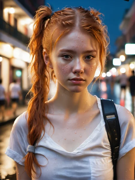 "Streetpunk Sexy" - Visualize a portrait of a young 22 year old woman on bourbon street at night. rainy night,The candid photo,taken from a distance,captures her (wet body:1.6) and indifferent expression in the midst of the urban night. She is wearing a white cotton shirt,torn denim jeans,with body sweat and wetness hinting at the city's humid atmosphere. messy hair,pigtails,long hair,ginger,candid pose,head tilt,The photo,taken with a Canon EOS 5D Mark III,showcases her natural skin texture,including blush (0.3) and pores (0.3),in hyperrealistic detail under soft,sharp lighting. The depth of field focuses on her detailed face,against a backdrop of soothing,muted colors and high contrast,creating a dark,yet gorgeous (1.2) and immersive night scene,from a distance,
