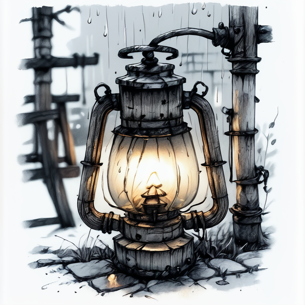 ArsMJStyle, Whimsical Mechanica, Line Drawing, The image is a black and white sketch of an old-fashioned lantern. The lantern is made of metal and has a cylindrical shape with a handle on top and a spout on the side. It has two pipes on either side of the handle one on top of the other connected by a metal pipe. The pipe is attached to the top of a metal bracket which is also attached to a metal pole. The lamp is sitting on a patch of grass and there are small rocks scattered around it. The background is blurred but it appears to be a brick wall. The overall mood of the image is rustic and weathered., monochrome, no humans, traditional media, solo, greyscale, candle, lantern, rain  <lora:Whimsical_Mechanica_Line_DrawingPony:1>