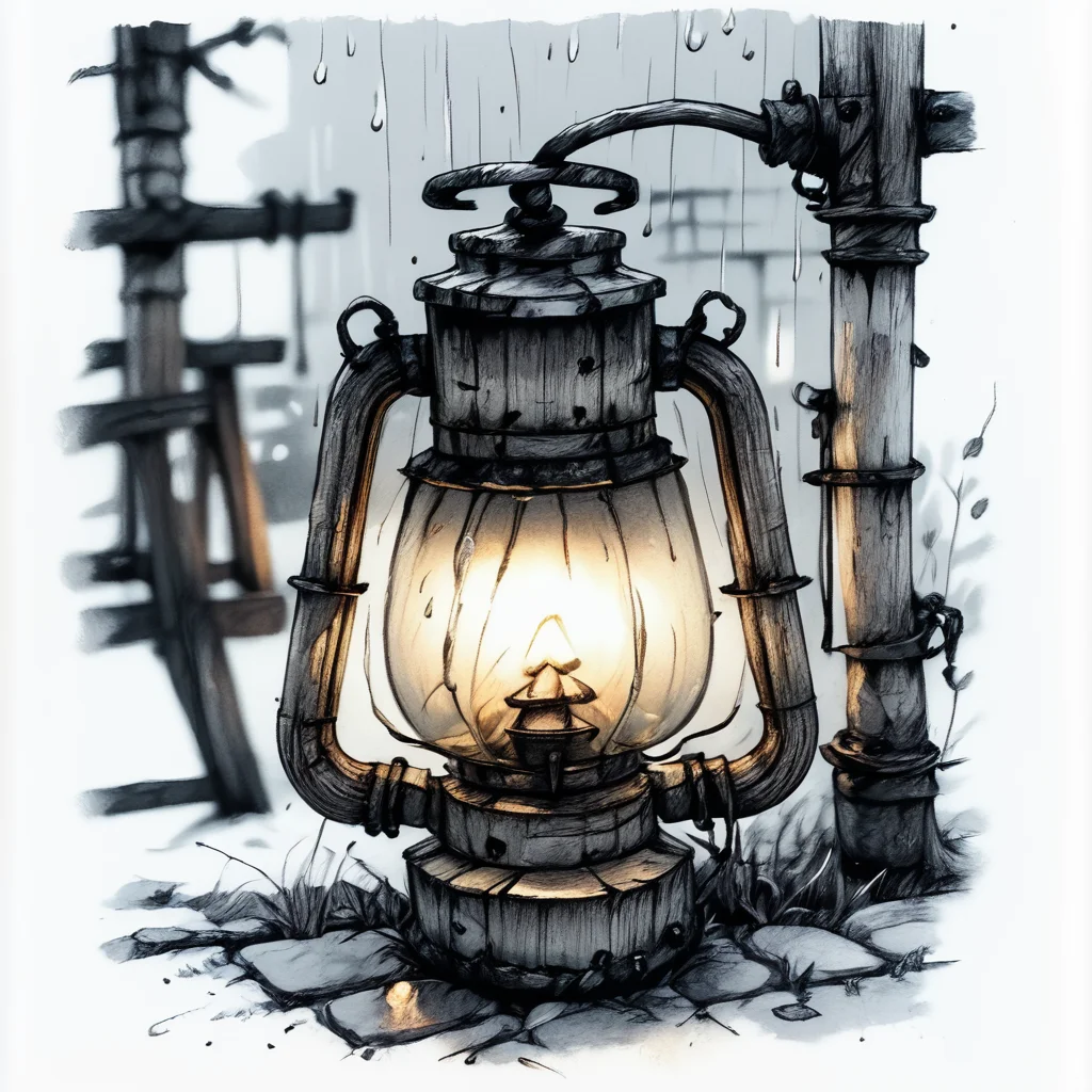 ArsMJStyle, Whimsical Mechanica, Line Drawing, The image is a black and white sketch of an old-fashioned lantern. The lantern is made of metal and has a cylindrical shape with a handle on top and a spout on the side. It has two pipes on either side of the handle one on top of the other connected by a metal pipe. The pipe is attached to the top of a metal bracket which is also attached to a metal pole. The lamp is sitting on a patch of grass and there are small rocks scattered around it. The background is blurred but it appears to be a brick wall. The overall mood of the image is rustic and weathered., monochrome, no humans, traditional media, solo, greyscale, candle, lantern, rain <lora:Whimsical_Mechanica_Line_DrawingPony:1>