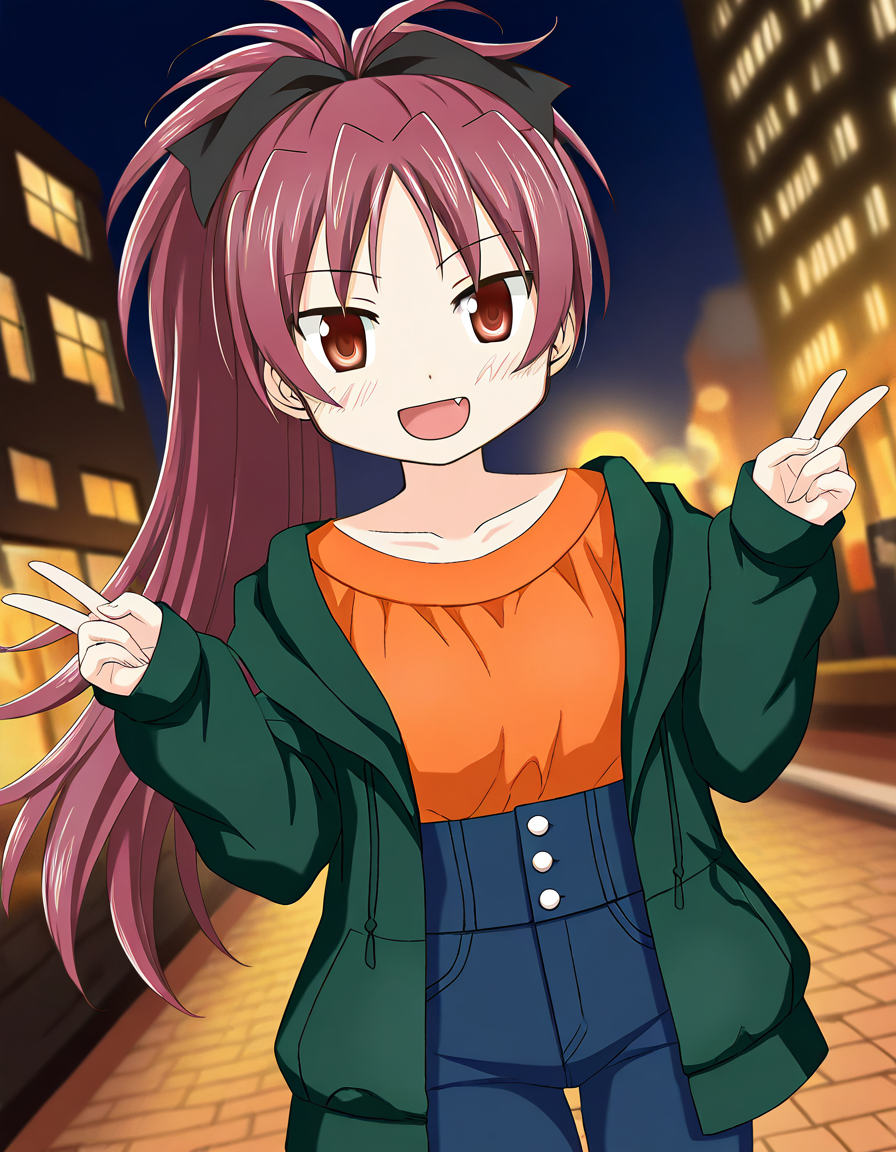 masterpiece, best quality, newest, absurdres, highres, safe, 1girl, sakura kyoko \(casual ver.\), magia record: mahou shoujo madoka magica gaiden, orange shirt, green jacket, blue jeans, solo, night, outdoors, dutch angle, <lora:sakura_kyoko_noobaiXLNAIXL_vPred10Version:0.7>