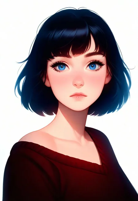 1girl, solo, face portrait, looking at viewer, facing camera, wide sweater,
((white background)), diffused light, 
short dark hair, blue eyes,
artist : tsuaii, vectorial, masterpiece, best quality, very aesthetic,