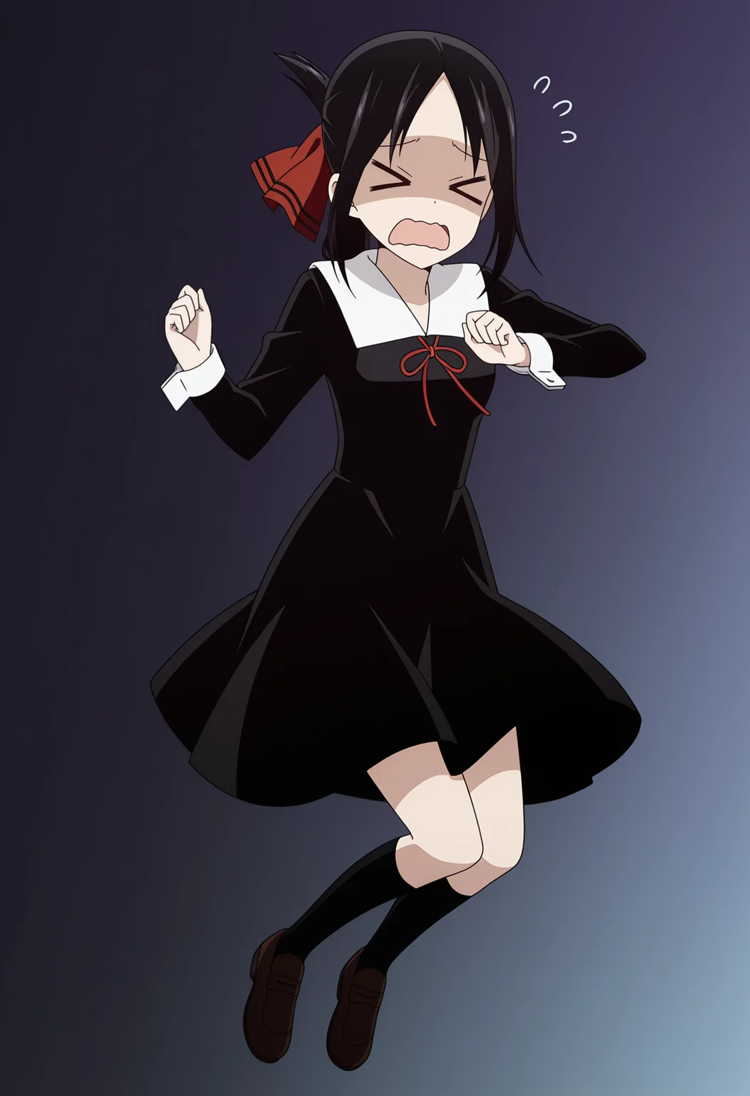 <lora:Kaguya SHINOMIYA_illustrious-000010:1>,1girl,solo,Kaguya SHINOMIYA,
school uniform,>_<,open mouth,dress,red ribbon,ribbon,black dress,hair ribbon,closed eyes,socks,jumping,shoes,wavy mouth,kneehighs,gradient background,shaded face,long sleeves,parted bangs,brown footwear,anime screencap,black socks,