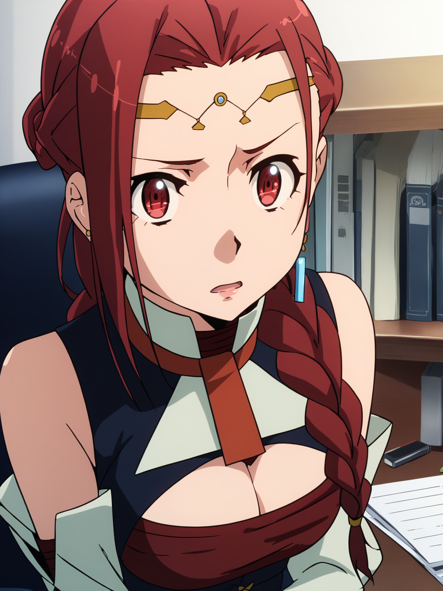 <lora:pina-v0.1-000016:1>, ht_pina, 1girl, long hair, red hair, red eyes, pina_sweater, sleeveless turtleneck, sleeveless sweater, cleavage cutout, hair over shoulder, detached sleeves, single braid, jewelry, circlet, earrings, braid, office , upper body , , ( scared , parted lips :1.1), looking at viewer , score_9, score_8_up, score_7_up, score_6_up, score_5_up, score_4_up