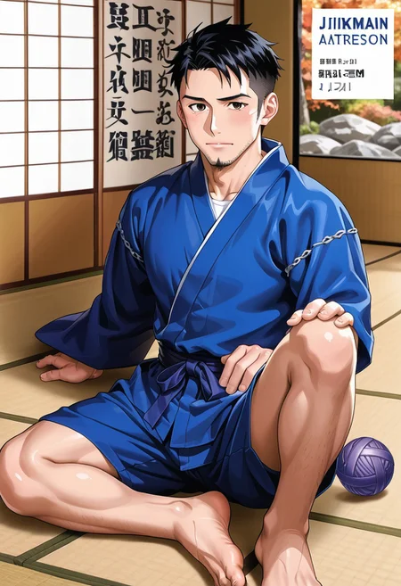 safe_pos, (Aaaild, Aaadjd, manga cover, cover page, magazine cover, text:1.3) source_anime, safe_pos, perfect anatomy, perfect proportions, best quality, masterpiece, high_resolution, high quality, (solo focus, male focus, male only, bara, gay, homo, mature, masculine, manly, virile, macho, hunky, rugged, middle-age, daddy, dilf, handsome), alluring, seductive, heroic, serious, grim, stern, unsociability, bluntness, gruffness, naughty face, moaning, dazed, looking at viewer, BREAK (asian man, japanese male, dark eyes, black hair, sideburns, unkept facial hair, stubble, chinstrap beard, jawline beard, trimmed buzzcut, hair lies flat against the scalp), BREAK (blue clothes, japanese clothes, closed jinbei, Hannekenjinbei, jinbei, blue jinbei, short sleeves, side-knot closure clothing, yarn knitting on sleeves, jinbei shorts, blue shorts, knee-length shorts, wide shorts:1.5), barefoot, bare neck, collarbone, BREAK sitting on wooden floor, lying on back, relaxed pose, leaning slightly, one knee bent upward, legs spread, hand supporting head, contemplative expression, horny, kinky, domination, heavy breathing, enticed, shading, countershading, bright atmosphere, japanese architecture, nature, sunlight, wooden floor, indoors, inside log cabin, irori \(japanese fireplace\), washitsu \(japanese-style room\), garden, engawa \(japanese architecture\)