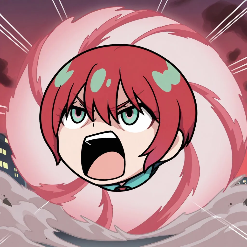 choukyuuhaoudeiedan, spinning, 1girl, solo, head only, open mouth, angry, shouting, dust, red smoke, city background,
gundam_gquuuuuux_amate_yuzuriha, red hair, short hair, hair between eyes, green eyes, school uniform