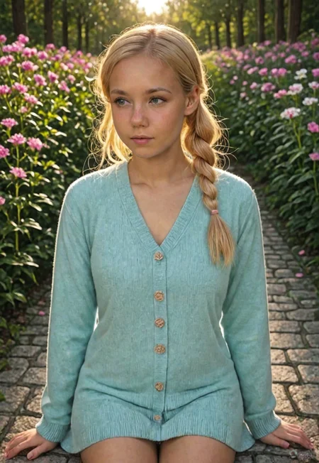 1girl, solo, sitting on the steps of an old stone fountain in a quiet European plaza, early morning light, soft pink and orange tones in the sky, blonde hair tied in a loose side braid, blue eyes looking into the distance, wearing a light cardigan and skirt in soft pastel hues, cobblestone street, small flower stalls in the background, sleepy village vibe, painterly anime style, gentle breeze, fallen petals on the ground, soft glow on skin, subtle bloom effect, highly detailed, best quality, 8k, highres, masterpiece, tranquil and cinematic atmosphere, score_10, 🌼