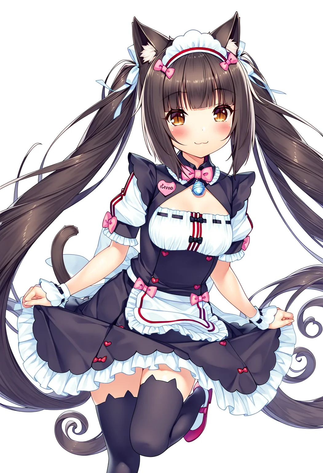 masterpiece, best quality, good quality, very awa, very aesthetic, absurdres, newest,chocola \(nekopara\), 1girl, cat ear legwear, animal ear legwear, animal ears, solo, cat ears, tail, long hair, twintails, thighhighs, cat tail, very long hair, slit pupils,, maid headdress, apron, bell, maid, transparent background, brown eyes, black thighhighs, brown hair, puffy sleeves, jingle bell, blush, hair ribbon, bow, looking at viewer, waist apron, ribbon, wrist cuffs, cat girl, puffy short sleeves, short sleeves, standing on one leg, simple background, frills, smile, <lora:chocola_nekopara-000004:1>