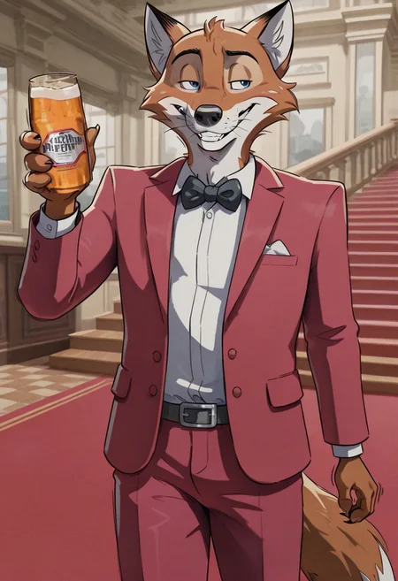 detailed background, cowboy shot, solo, 1boy, adult, Henrythefox, fox, solo, 1boy, ((expressive)), ((body movement, hand movement)), outdoors, in front of casino, standing in front of black limo, holding bottle of beer, red suit jacket, camera flashes, red carpet, luxurious vibes, white dress shirt, black bow tie, seductive smile, big iris, pupils shown, detailed scenery, masterpiece, best quality, very aesthetic, newest, masterpiece, best quality, amazing quality, very aesthetic, absurdres, newest,, high res, ultra detailed, best quality, best artwork, detailed eyes, (eyes focus), perfect eyes, big iris, pupils visible, anthro hands, claws, 4k, ultra quality, perfect face, absurdres,masterpiece,best quality,amazing