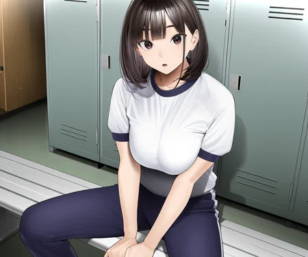 masterpiece, best quality, amazing quality, sfw, 1girl, solo, looking at viewer, open mouth, indoors, gym uniform, pants, medium hair, expressionless, sitting, locker room, <lora:Zikataro style ILL-v2:1> zikataro_style