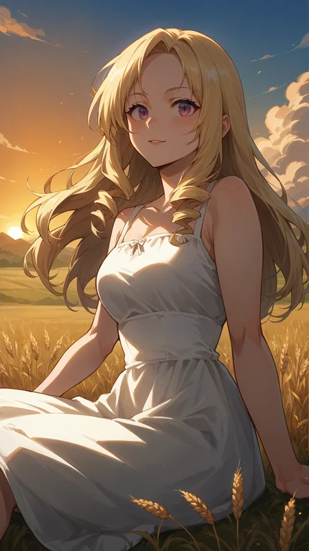 score_9,score_8_up,score_7_up,score_6_up, <lora:xl_more_art-full_v1:0.5>, source_anime, woman, dynamic pose, sitting, <lora:Yu Takeyama (Mt.Lady) - Pony-000004:0.8>, long hair, blonde hair, drill hair, pink eyes, white sundress, wheat field, sunset, portrait,