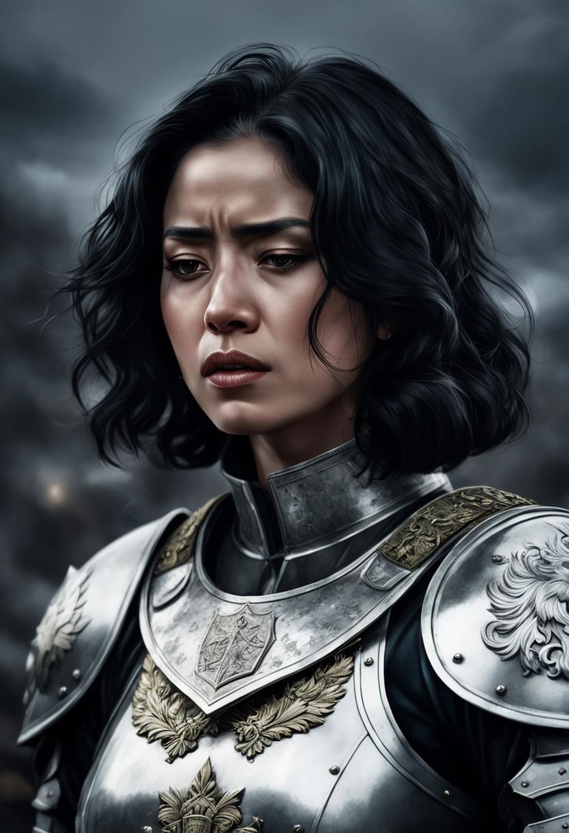 Illustration of a black-haired woman, upper body, she is wearing silvery armour with a heraldic coat of arms, she is crying, her head is tilted downwards, behind her battlefield, gloom, pain, horror, battlefield, war, war, soldiers fighting, (night:1.4), dark atmosphere, symmetrical eyes, fine details best quality, hyperdetailed face, (photorealistic:1. 4), (highest quality), (best shadow), high contrast