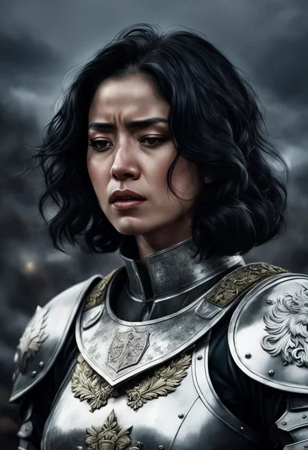 Illustration of a black-haired woman, upper body, she is wearing silvery armour with a heraldic coat of arms, she is crying, her head is tilted downwards, behind her battlefield, gloom, pain, horror, battlefield, war, war, soldiers fighting, (night:1.4), dark atmosphere, symmetrical eyes, fine details best quality, hyperdetailed face, (photorealistic:1. 4), (highest quality), (best shadow), high contrast
