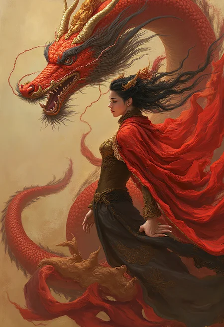 painting of a woman with a red cape and a dragon, vector behance hd jesper ejsing, james jean and fenghua zhong, james jean and peter mohrbacher, ruan jia and brom, ruan jia and greg rutkowski, wlo and peter mohrbacher, in style of ruan jia, style of peter mohrbacher,