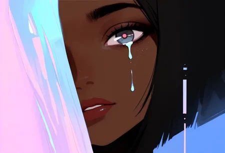 masterpiece, best quality, newest, absurdres, highres, female, iridescent hair, surreal liquid distortion, fluid-like strands flowing over face, glowing tears, abstract glitch, soft focus, blurred vision, cyberpunk elements, with the theme "dreams in liquid glitch", ethereal, hauntingly beautiful, soft light, distorted colors, delicate but intense emotion, chaotic tranquility, 69yotte4_illu, ilya kuvshinov, eye focus, close-up, detailed eyes, photorealism, photography \(artwork\), skin pores, peach fuzz, dark-skinned female, ta-illu, bamf-illu,  <lora:Beautiful_Mahogany_Style_Illu_Edition:0.85> <lora:Tomomi_Abe_Style_V1_Illu_Edition:0.77> <lora:69yottea_illu_v2:0.85>