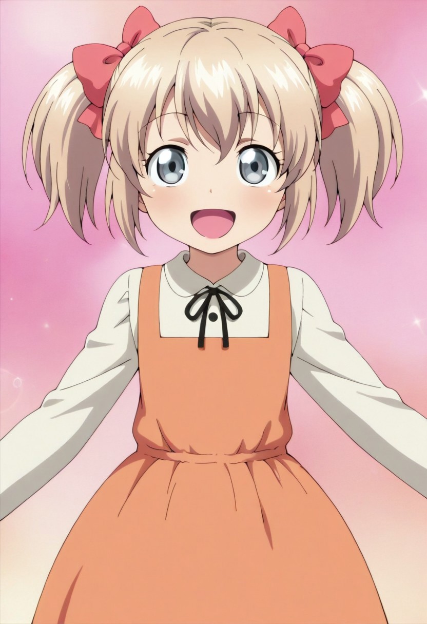 masterpiece,best quality,amazing quality,  latina, 1girl, solo, smile, short hair, open mouth, blonde hair, dress, bow, ribbon, twintails, :d, hair bow,grey eyes