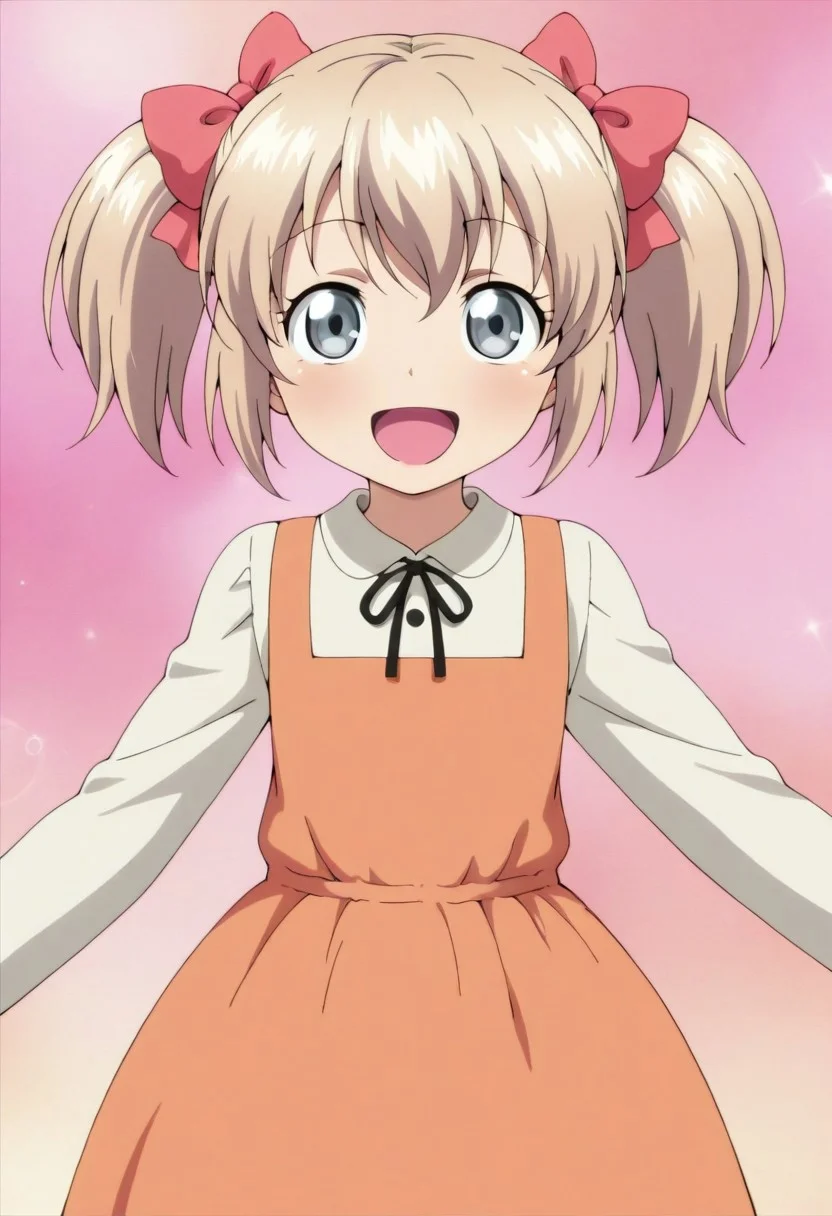 masterpiece,best quality,amazing quality, latina, 1girl, solo, smile, short hair, open mouth, blonde hair, dress, bow, ribbon, twintails, :d, hair bow,grey eyes