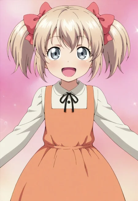 masterpiece,best quality,amazing quality, latina, 1girl, solo, smile, short hair, open mouth, blonde hair, dress, bow, ribbon, twintails, :d, hair bow,grey eyes
